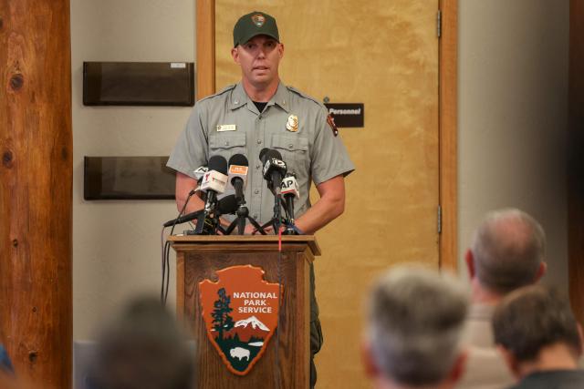 Incident Commander Dave Black speaks during a press conference at the Grand Canyon National Park Headquarters in Grand Canyon Village, Arizona on August 31, 2026. Only one person remains unaccounted for in the deadly flash flood that hit part of the Grand Canyon over the weekend, officials said August 31, after earlier saying they were looking for around 15 people. 
"There is one person unaccounted for that we know of right now," said incident commander Dave Black. "We rescued 82 people out of the canyon." (Photo by Ian Maule / AFP)