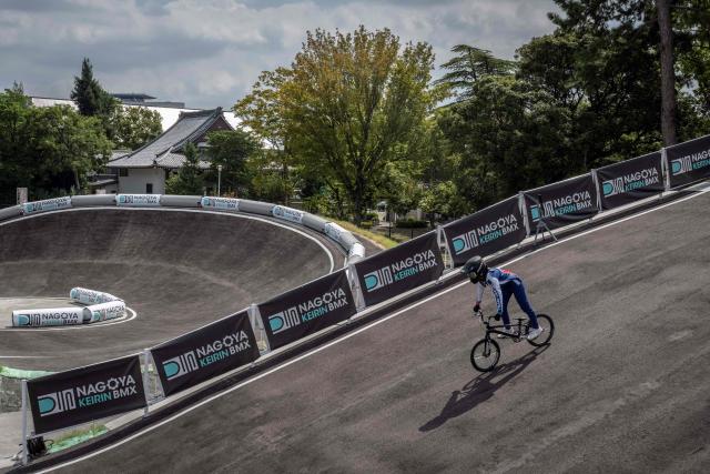 (FILES) This picture taken on September 7, 2025 shows a BMX rider on the Nagoya Keirin BMX Race Course, the venue for BMX competitions in the upcoming 2026 Aichi-Nagoya Asian Games in Nagoya, Aichi prefecture. (Photo by Yuichi YAMAZAKI / AFP)