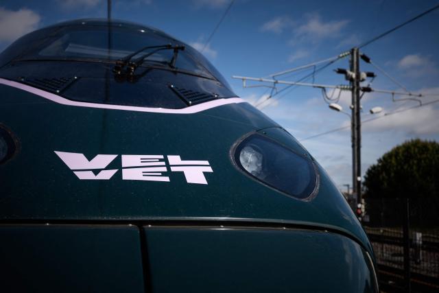 (FILES) The Avelia Horizon high-speed train built for French private rail operator Velvet is pictured at the Alstom manufacturing plant in Aytrй, near La Rochelle, south-western France, on April 16, 2026. Private rail operator Velvet has been granted its operating licence for the French rail network, the company announced on September 1, 2026. Velvet aims to compete with French state rail operator SNCF starting 2028 on four high-speed routes in the west of the country (Paris–Bordeaux, Paris–Nantes, Paris–Angers and Paris–Rennes). (Photo by Philippe LOPEZ / AFP)
