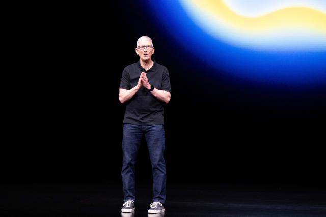 (FILES) Apple CEO Tim Cook speaks during Apple's "Awe-Dropping" event at the Steve Jobs Theater on the Apple Park campus in Cupertino, California, on September 9, 2025. Apple's chief executive Tim Cook hands over the company's reins to it's vice president of hardware engineering John Ternus on September 1, 2026. Cook spent nearly three decades at Apple, which he has led as CEO since 2011. (Photo by Nic Coury / AFP)