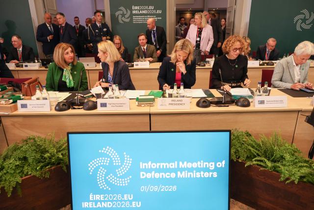 Ireland's Defence and Foreign Minister Helen McEntee (C), Deputy Secretary General of Nato, Radmila Shekerinska (2R) and European Commission High Representative and Vice President Kaja Kallas (2L) attend a during an informal meeting of EU defence ministers (FAC Defence) at Druids Glen in Wicklow, south of Dublin, Ireland, on September 1, 2026. EU defence and foreign ministers gathering in Ireland from September 1 will grapple with bolstering Ukraine's air defences amid growing worries over Russia's campaign to destabilise Kyiv's European backers. (Photo by Paul Faith / AFP)