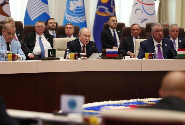 In this pool photograph distributed by the Russian state agency Sputnik, Russia's President Vladimir Putin gives a speech at a SCO+ format meeting of the Shanghai Cooperation Organisation (SCO) summit in Bishkek on September 1, 2026. (Photo by Peter KOVALEV / POOL / AFP)