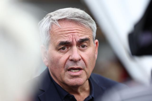 Hauts-de-France Regional Council President for Les Republicains (LR) party, Xavier Bertrand talks to the press during his visit to the agricultural fair in Chalons-en-Champagne, northeastern France on September 1, 2026. (Photo by Sameer AL-DOUMY / AFP)