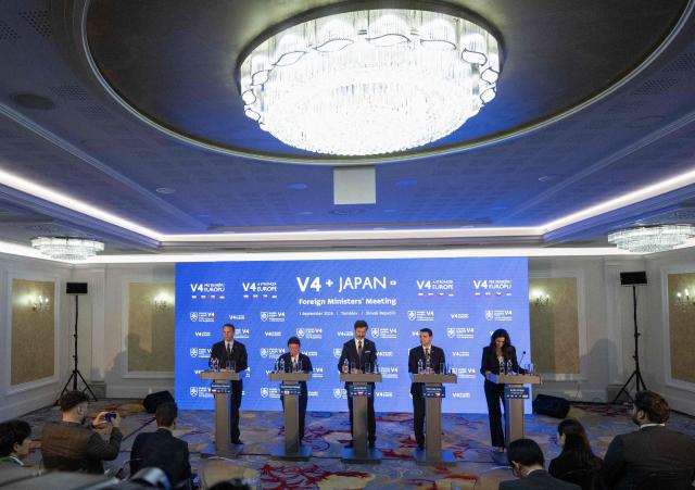 Foreign Ministers (L-R) Radoslaw Sikorski from Poland, Toshimitsu Motegi from Japan, Juraj Blanar from Slovakia, Petr Macinka from the Czech Republic and Anita Orban from Hungary attend their press conference during the Visegrad Group (V4) and Japan (V4+Japan) foreign ministers' meeting in Tomasov near Bratislava, Slovakia, on September 1, 2026.  (Photo by Joe Klamar / AFP)
