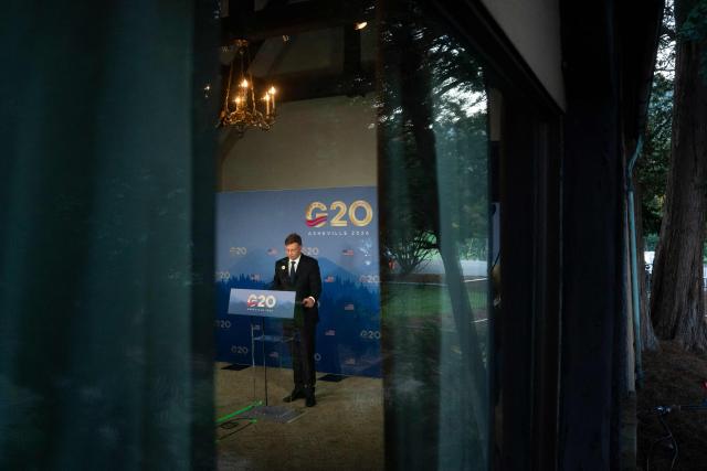 European Commissioner for Economy and Productivity Valdis Dombrovskis speaks to members of the press at the G20 Finance Ministers and Central Bank Governors’ meeting in Asheville, North Carolina, on September 1, 2026. (Photo by Allison Joyce / AFP)