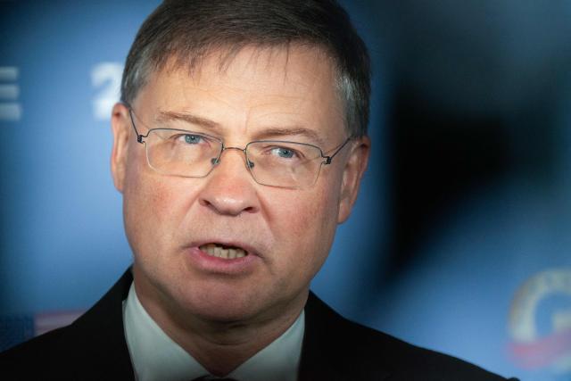 European Commissioner for Economy and Productivity Valdis Dombrovskis speaks to members of the press at the G20 Finance Ministers and Central Bank Governors’ meeting in Asheville, North Carolina, on September 1, 2026. (Photo by Allison Joyce / AFP)
