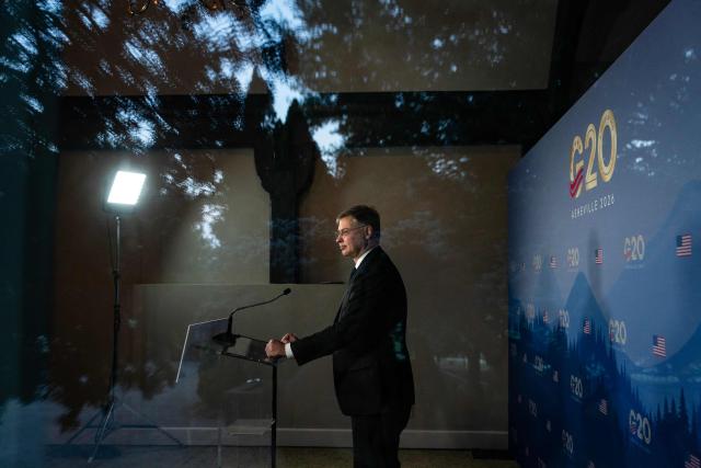 European Commissioner for Economy and Productivity Valdis Dombrovskis speaks to members of the press at the G20 Finance Ministers and Central Bank Governors’ meeting in Asheville, North Carolina, on September 1, 2026. (Photo by Allison Joyce / AFP)