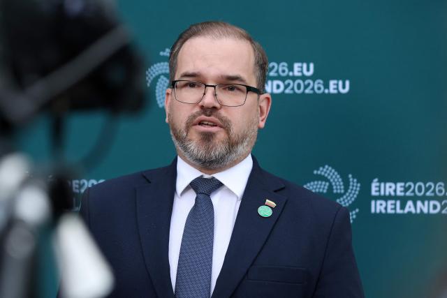 Lithuania's Defence Minister Robertas Kaunas speaks during an interview with members of the media during an informal meeting of EU defence ministers (FAC Defence) at Wicklow, south of Dublin, Ireland, on September 1, 2026. EU defence and foreign ministers gathering in Ireland from September 1 will grapple with bolstering Ukraine's air defences amid growing worries over Russia's campaign to destabilise Kyiv's European backers. (Photo by Paul Faith / AFP)