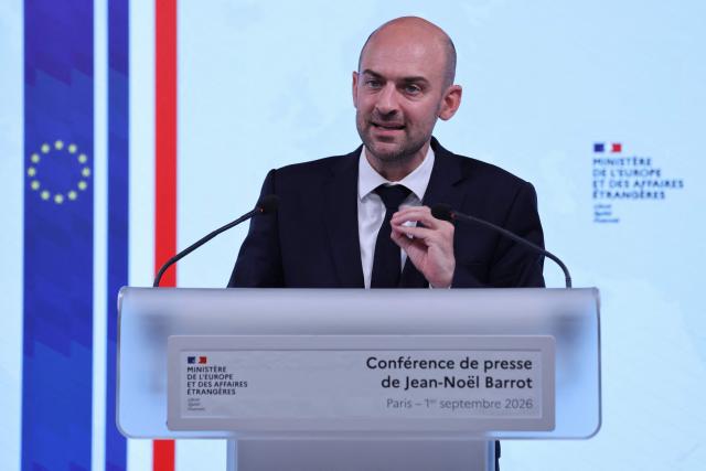 France's Foreign Affairs Minister Jean-Noel Barrot speaks during a press conference on current international affairs and upcoming events at the Foreign Affairs Ministry in Paris on September 1, 2026. (Photo by Ludovic MARIN / AFP)