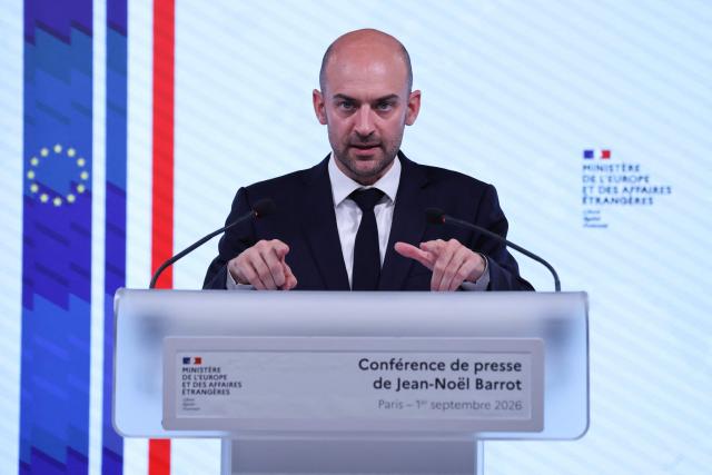 France's Foreign Affairs Minister Jean-Noel Barrot speaks during a press conference on current international affairs and upcoming events at the Foreign Affairs Ministry in Paris on September 1, 2026. (Photo by Ludovic MARIN / AFP)