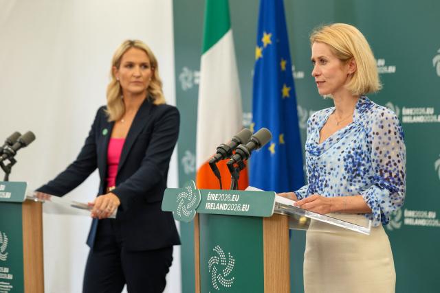 European Commission High Representative and Vice President Kaja Kallas (R) and Ireland's Defence and Foreign Minister Helen McEntee attend a joint press conference during an informal meeting of EU defence ministers (FAC Defence) at Druids Glen in Wicklow, south of Dublin, Ireland, on September 1, 2026. EU defence and foreign ministers gathering in Ireland from September 1 will grapple with bolstering Ukraine's air defences amid growing worries over Russia's campaign to destabilise Kyiv's European backers. (Photo by Paul Faith / AFP)