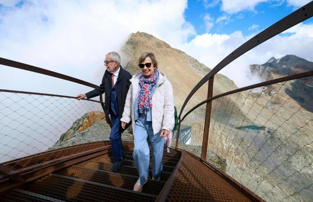 Austrian President Alexander Van der Bellen and Doris Schmidauer visit the Stubai Glacier near Neustift im Stubaital, Austria on September 1, 2026. Austria's President Van der Bellen meets his counterparts from German-speaking countries Liechtenstein, Belgium, Germany, Luxembourg, and Switzerland, in Austria. (Photo by Johann GRODER / various sources / AFP) / Austria OUT