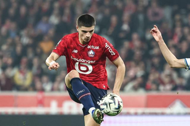 (FILES) Lille's Belgian forward #07 Matias Fernandez-Pardo scores his team's first goal during the French L1 football match between Lille LOSC and FC Lorient at the Stade Pierre-Mauroy in Villeneuve-d'Ascq, northern France on March 8, 2026. Newcastle signed Belgian forward Matias Fernandez-Pardo from Lille in a deal worth a reported £51 million ($69 million) on Tuesday, September 1. (Photo by Sameer Al-DOUMY / AFP)