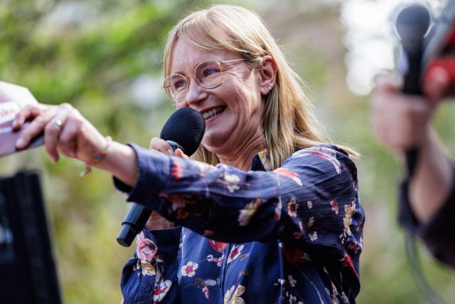 The Left Party's main candidate in the Saxony-Anhalt state election Eva von Angern addresses supporters at an election campaign event in Bitterfeld, eastern Germany on September 1, 2026. Saxony-Anhalt will go to the polls in the regional elections on September 6, 2026. (Photo by Jens SCHLÜTER / AFP)