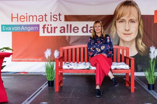 The Left Party's main candidate in the Saxony-Anhalt state election Eva von Angern poses for a photo at an election campaign event in Bitterfeld, eastern Germany on September 1, 2026. Saxony-Anhalt will go to the polls in the regional elections on September 6, 2026. (Photo by Jens SCHLÜTER / AFP)