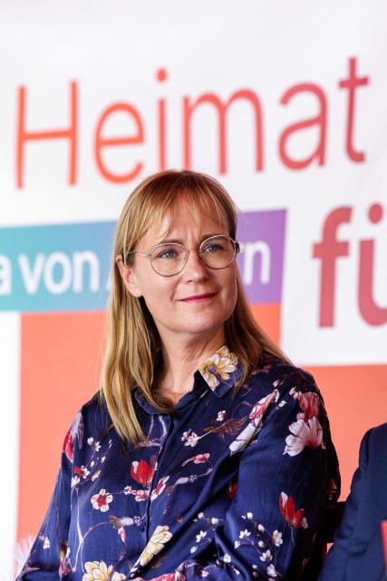 The Left Party's main candidate in the Saxony-Anhalt state election Eva von Angern poses for a photo at an election campaign event in Bitterfeld, eastern Germany on September 1, 2026. Saxony-Anhalt will go to the polls in the regional elections on September 6, 2026. (Photo by Jens SCHLÜTER / AFP)