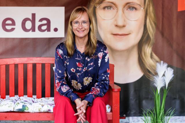 The Left Party's main candidate in the Saxony-Anhalt state election Eva von Angern poses for a photo at an election campaign event in Bitterfeld, eastern Germany on September 1, 2026. Saxony-Anhalt will go to the polls in the regional elections on September 6, 2026. (Photo by Jens SCHLÜTER / AFP)
