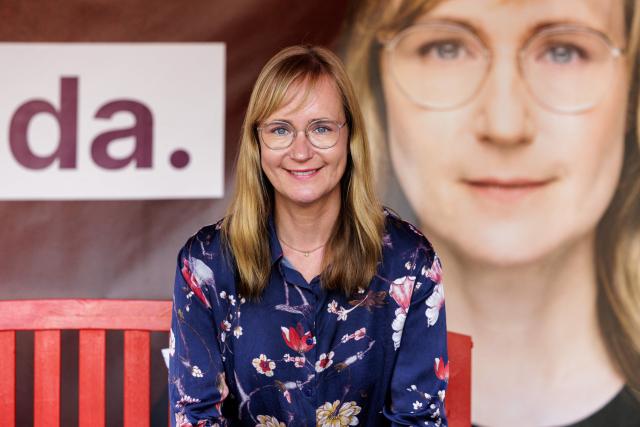 The Left Party's main candidate in the Saxony-Anhalt state election Eva von Angern poses for a photo at an election campaign event in Bitterfeld, eastern Germany on September 1, 2026. Saxony-Anhalt will go to the polls in the regional elections on September 6, 2026. (Photo by Jens SCHLÜTER / AFP)