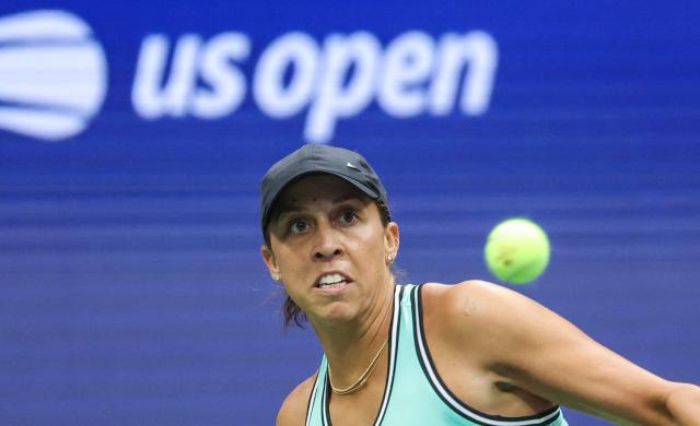 USA's Madison Keys hits a return to Russia's Alina Korneeva during their women's singles first round tennis match on day three of the US Open tennis tournament at the USTA Billie Jean King National Tennis Center in New York on September 1, 2026. (Photo by KENA BETANCUR / AFP)