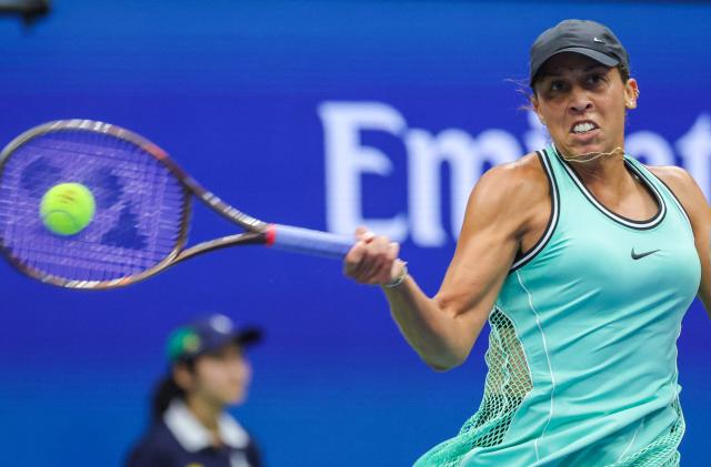 USA's Madison Keys hits a return to Russia's Alina Korneeva during their women's singles first round tennis match on day three of the US Open tennis tournament at the USTA Billie Jean King National Tennis Center in New York on September 1, 2026. (Photo by KENA BETANCUR / AFP)