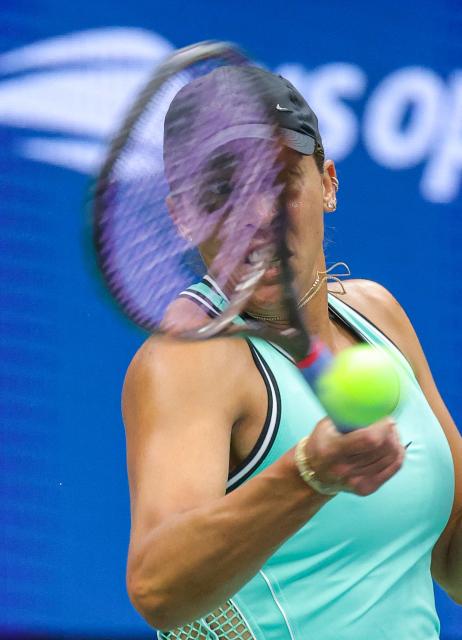 USA's Madison Keys hits a return to Russia's Alina Korneeva during their women's singles first round tennis match on day three of the US Open tennis tournament at the USTA Billie Jean King National Tennis Center in New York on September 1, 2026. (Photo by KENA BETANCUR / AFP)