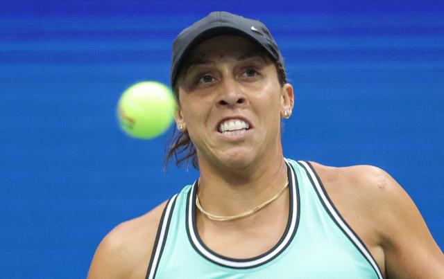USA's Madison Keys hits a return to Russia's Alina Korneeva during their women's singles first round tennis match on day three of the US Open tennis tournament at the USTA Billie Jean King National Tennis Center in New York on September 1, 2026. (Photo by KENA BETANCUR / AFP)