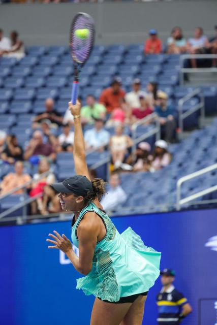 USA's Madison Keys serves to Russia's Alina Korneeva during their women's singles first round tennis match on day three of the US Open tennis tournament at the USTA Billie Jean King National Tennis Center in New York on September 1, 2026. (Photo by KENA BETANCUR / AFP)