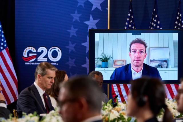 Meta CEO Mark Zuckerberg is displayed on a screen during the G20 Innovation Ministerial meeting in Chapel Hill, North Carolina, on September 1, 2026. (Photo by Matt RAMEY / AFP)