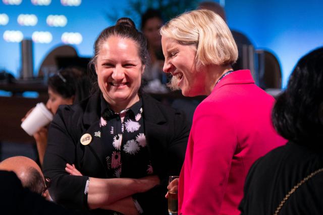 Deputy Secretary, International, Corporate and Investment Group of the Australian Treasury Katrina Di Marco (L)and UK's Chief Secretary to the Treasury Emma Reynolds share a light moment during the G20 Finance Ministers and Central Bank Governors’ meeting in Asheville, North Carolina, on September 1, 2026. (Photo by Allison Joyce / AFP)