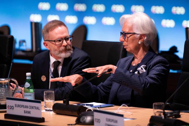 The President of the European Central Bank Christine Lagarde (R) speaks with a colleague during the G20 Finance Ministers and Central Bank Governors’ meeting in Asheville, North Carolina, on September 1, 2026. (Photo by Allison Joyce / AFP)