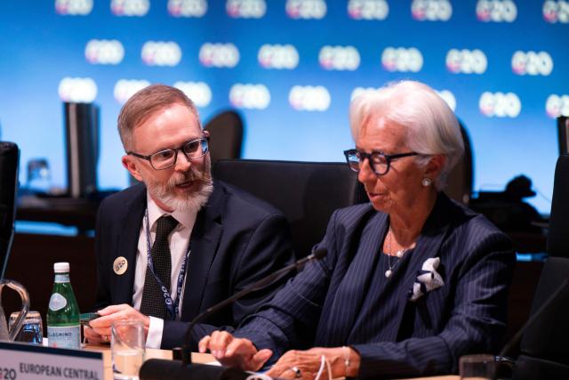 The President of the European Central Bank Christine Lagarde (R) speaks with a colleague during the G20 Finance Ministers and Central Bank Governors’ meeting in Asheville, North Carolina, on September 1, 2026. (Photo by Allison Joyce / AFP)