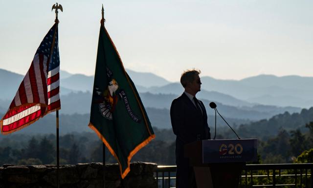The Blue Ridge Mountains are seen in the background as US Secretary of Treasury Scott Bessent speaks during a press conference at the close of the G20 Finance Ministers and Central Bank Governors’ meeting on its final day in Asheville, North Carolina, on September 1, 2026. (Photo by Allison Joyce / AFP)
