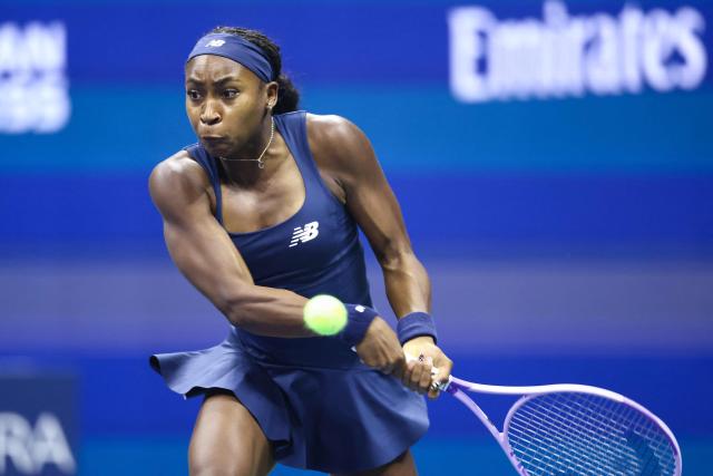 USA's Coco Gauff his a backhand against Turkey's Zeynep Sonmez during the women's singles first round tennis match on day three of the US Open tennis tournament at the USTA Billie Jean King National Tennis Center in New York City on September 1, 2026. (Photo by CHARLY TRIBALLEAU / AFP)