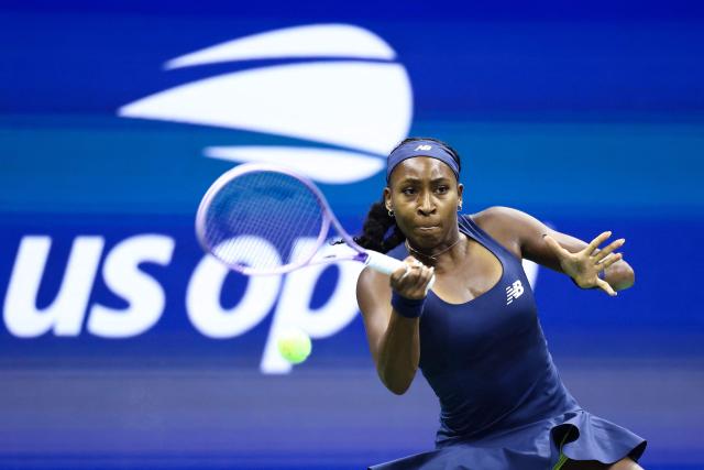 USA's Coco Gauff hits a return against Turkey's Zeynep Sonmez during the women's singles first round tennis match on day three of the US Open tennis tournament at the USTA Billie Jean King National Tennis Center in New York City on September 1, 2026. (Photo by CHARLY TRIBALLEAU / AFP)