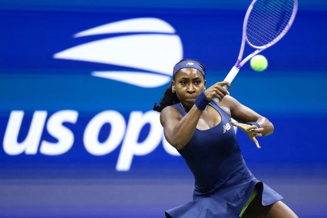 USA's Coco Gauff hits a return against Turkey's Zeynep Sonmez during the women's singles first round tennis match on day three of the US Open tennis tournament at the USTA Billie Jean King National Tennis Center in New York City on September 1, 2026. (Photo by CHARLY TRIBALLEAU / AFP)