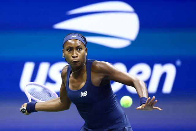 USA's Coco Gauff hits a return against Turkey's Zeynep Sonmez during the women's singles first round tennis match on day three of the US Open tennis tournament at the USTA Billie Jean King National Tennis Center in New York City on September 1, 2026. (Photo by CHARLY TRIBALLEAU / AFP)