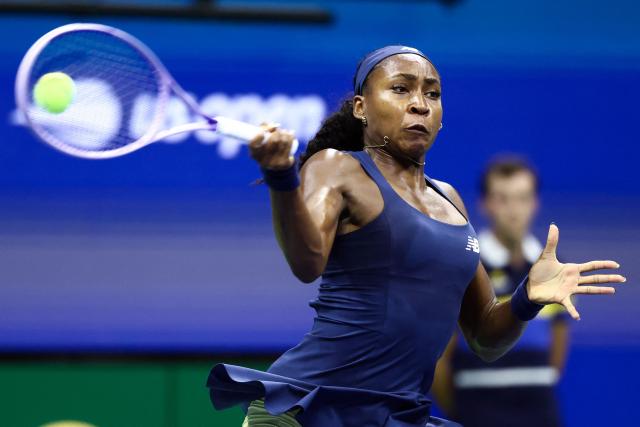 USA's Coco Gauff hits a forehand return against Turkey's Zeynep Sonmez during the women's singles first round tennis match on day three of the US Open tennis tournament at the USTA Billie Jean King National Tennis Center in New York City on September 1, 2026. (Photo by CHARLY TRIBALLEAU / AFP)
