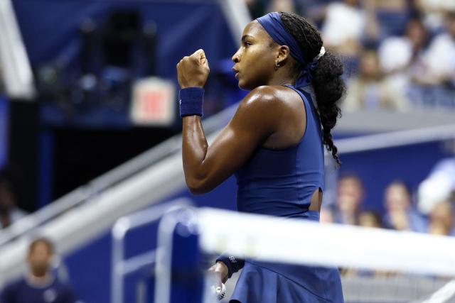 USA's Coco Gauff reacts after a point during the women's singles first round tennis match against Turkey's Zeynep Sonmez on day three of the US Open tennis tournament at the USTA Billie Jean King National Tennis Center in New York City on September 1, 2026. (Photo by CHARLY TRIBALLEAU / AFP)