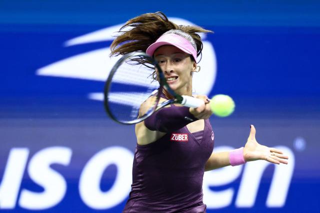Turkey's Zeynep Sonmez hits a forehand return during the women's singles first round tennis match against USA's Coco Gauff on day three of the US Open tennis tournament at the USTA Billie Jean King National Tennis Center in New York City on September 1, 2026. (Photo by CHARLY TRIBALLEAU / AFP)