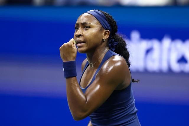 USA's Coco Gauff reacts after a point during the women's singles first round tennis match against Turkey's Zeynep Sonmez on day three of the US Open tennis tournament at the USTA Billie Jean King National Tennis Center in New York City on September 1, 2026. (Photo by CHARLY TRIBALLEAU / AFP)