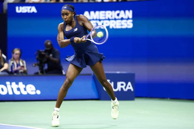 USA's Coco Gauff hits a backhand return against Turkey's Zeynep Sonmez during the women's singles first round tennis match on day three of the US Open tennis tournament at the USTA Billie Jean King National Tennis Center in New York City on September 1, 2026. (Photo by CHARLY TRIBALLEAU / AFP)