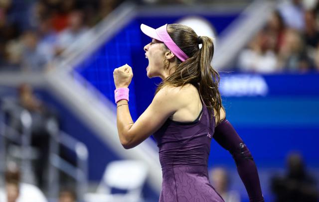 Turkey's Zeynep Sonmez reacts during the women's singles first round tennis match against USA's Coco Gauff (unseen) on day three of the US Open tennis tournament at the USTA Billie Jean King National Tennis Center in New York City on September 1, 2026. (Photo by CHARLY TRIBALLEAU / AFP)