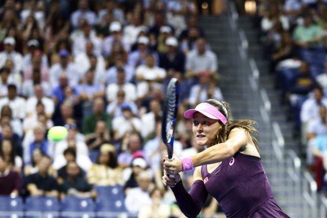 Turkey's Zeynep Sonmez hits a return to USA's Coco Gauff (unseen) during the women's singles first round tennis match on day three of the US Open tennis tournament at the USTA Billie Jean King National Tennis Center in New York City on September 1, 2026. (Photo by CHARLY TRIBALLEAU / AFP)