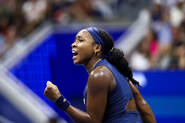 USA's Coco Gauff reacts during her match against Turkey's Zeynep Sonmez during the women's singles first round tennis match on day three of the US Open tennis tournament at the USTA Billie Jean King National Tennis Center in New York City on September 1, 2026. (Photo by CHARLY TRIBALLEAU / AFP)