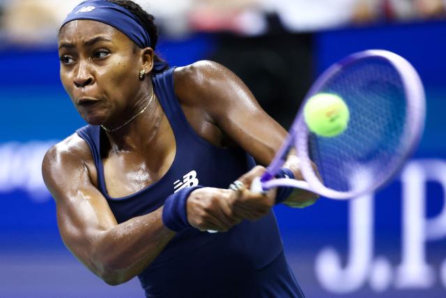 USA's Coco Gauff hits a backhand return against Turkey's Zeynep Sonmez during the women's singles first round tennis match on day three of the US Open tennis tournament at the USTA Billie Jean King National Tennis Center in New York City on September 1, 2026. (Photo by CHARLY TRIBALLEAU / AFP)