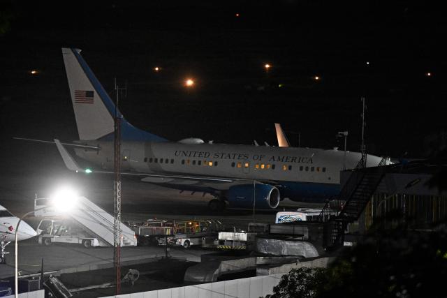 The aircraft carrying US Energy Secretary Chris Wright is seen after landing at Simon Bolivar International Airport in Maiquetia, La Guaira state, Venezuela, on September 1, 2026. US Energy Secretary Chris Wright visits Venezuela to finalize an agreement after US President Donald Trump announced that the United States will take a majority stake in 65 billion barrels of Venezuela's oil reserves, in what he described as "the largest oil deal in history." (Photo by Federico PARRA / AFP)