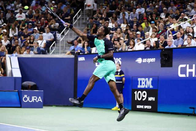 France's Gael Monfils returns a shot against Paraguay's Adolfo Daniel Vallejo during the men's singles first round tennis match on day three of the US Open tennis tournament at the USTA Billie Jean King National Tennis Center in New York City on September 1, 2026. (Photo by CHARLY TRIBALLEAU / AFP)