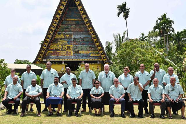 Leaders and ministers of the Pacific Islands pose for a family photo after the Pacific Islands Forum Leaders’ plenary meeting in Koror on September 2, 2026. (Photo by SAEED KHAN / AFP)