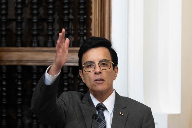 (FILES) Peruvian Foreign Minister Carlos Espa gestures during his presentation ceremony at the Foreign Ministry building in Lima on July 31, 2026. Espa said in a statement on September 1, 2026, it has severed diplomatic relations with Iran, accusing Tehran of inciting "an escalation of conflicts" in the Middle East and hindering maritime transit in the Strait of Hormuz. (Photo by ERNESTO BENAVIDES / AFP)