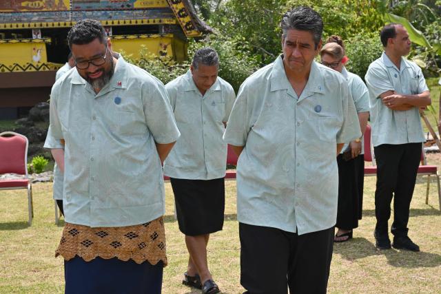 Palau President Surangel Samuel Whipps Jr. (R) and Tonga Prime Minister Lord Fakafanua leave after a family photo during Pacific Islands Forum Leaders’ plenary meeting in Koror on September 2, 2026. (Photo by SAEED KHAN / AFP)